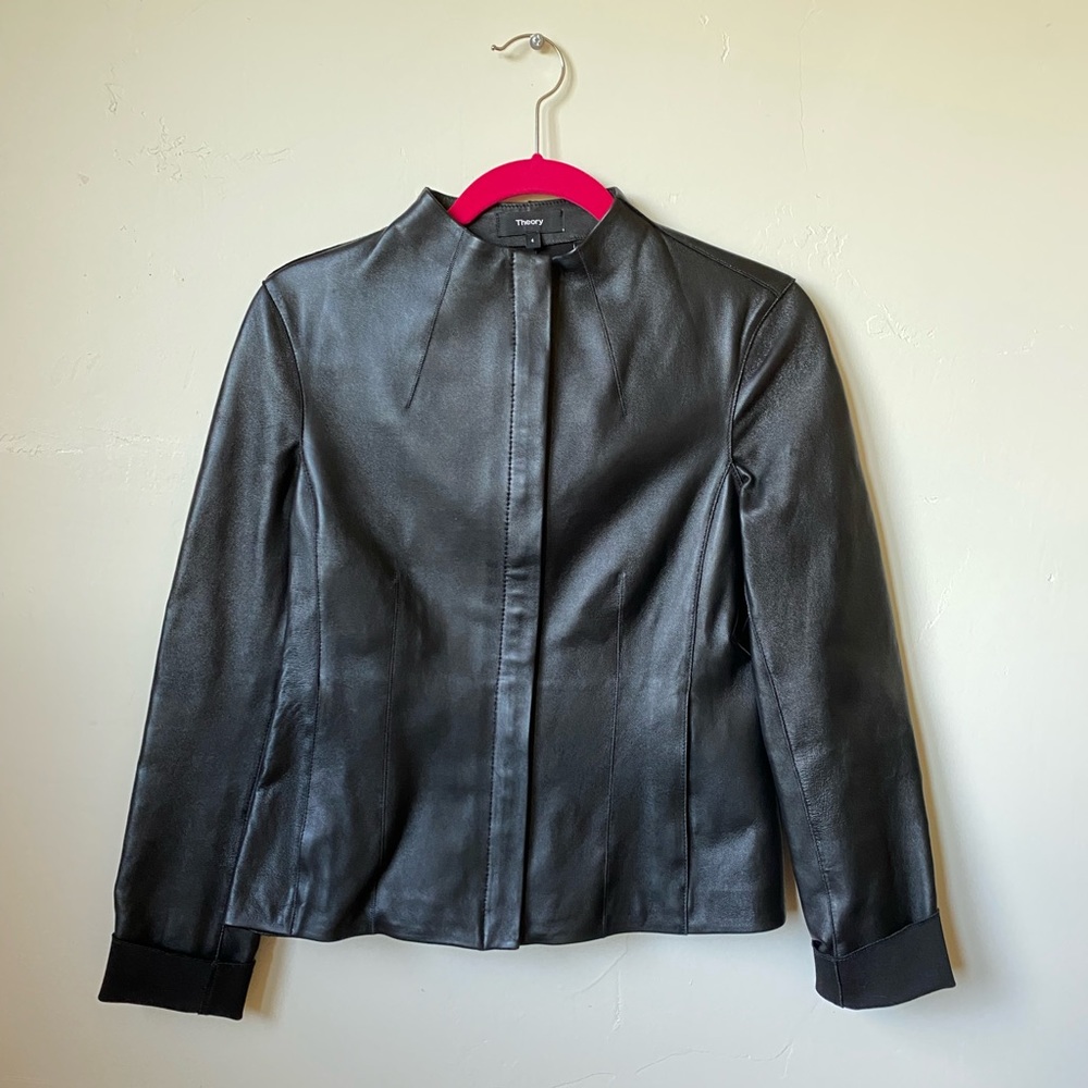 Theory • Cropped Lamb Leather Moto Style Jacket